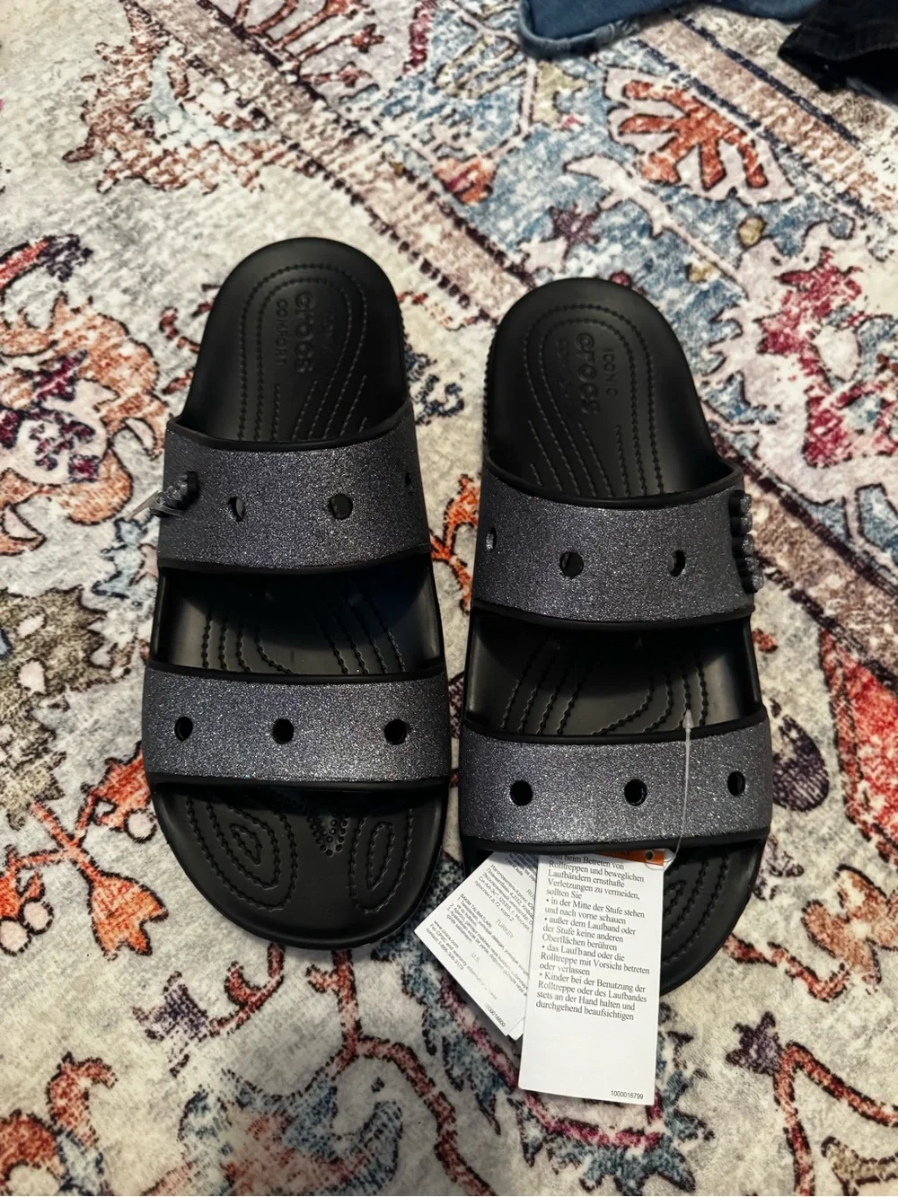 Crocs Men Black Glitter Double-Strap Slide Sandals - Picture 1 of 3